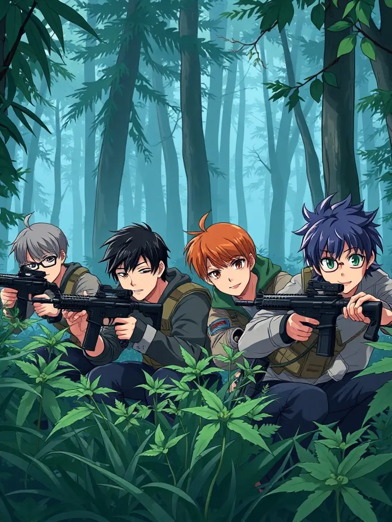 A group of young adults participating in a strategic airsoft game in a wooded area, wearing tactical gear and using airsoft rifles, emphasizing teamwork and strategic thinking.
