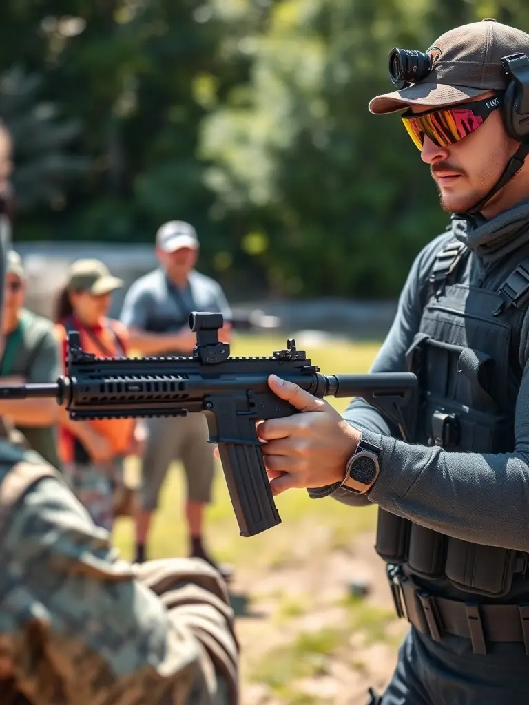 A close-up shot of an instructor demonstrating safe airsoft gun handling techniques to a group of participants, focusing on safety protocols and responsible usage.