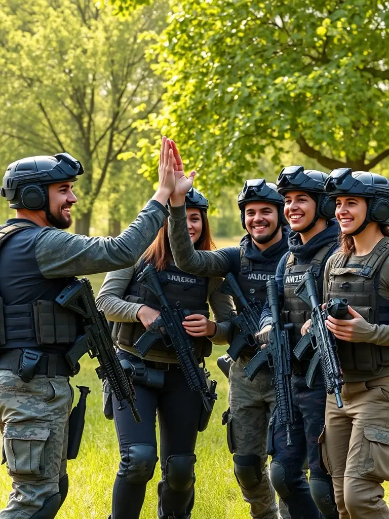 A diverse group of airsoft players celebrating a successful mission, highlighting the inclusive and community-building aspect of the sport.