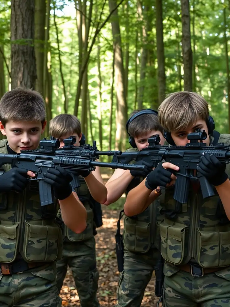 A group of young adults participating in an airsoft training session in a wooded area, wearing tactical gear and aiming their airsoft rifles, showcasing the discipline and teamwork involved in the program.