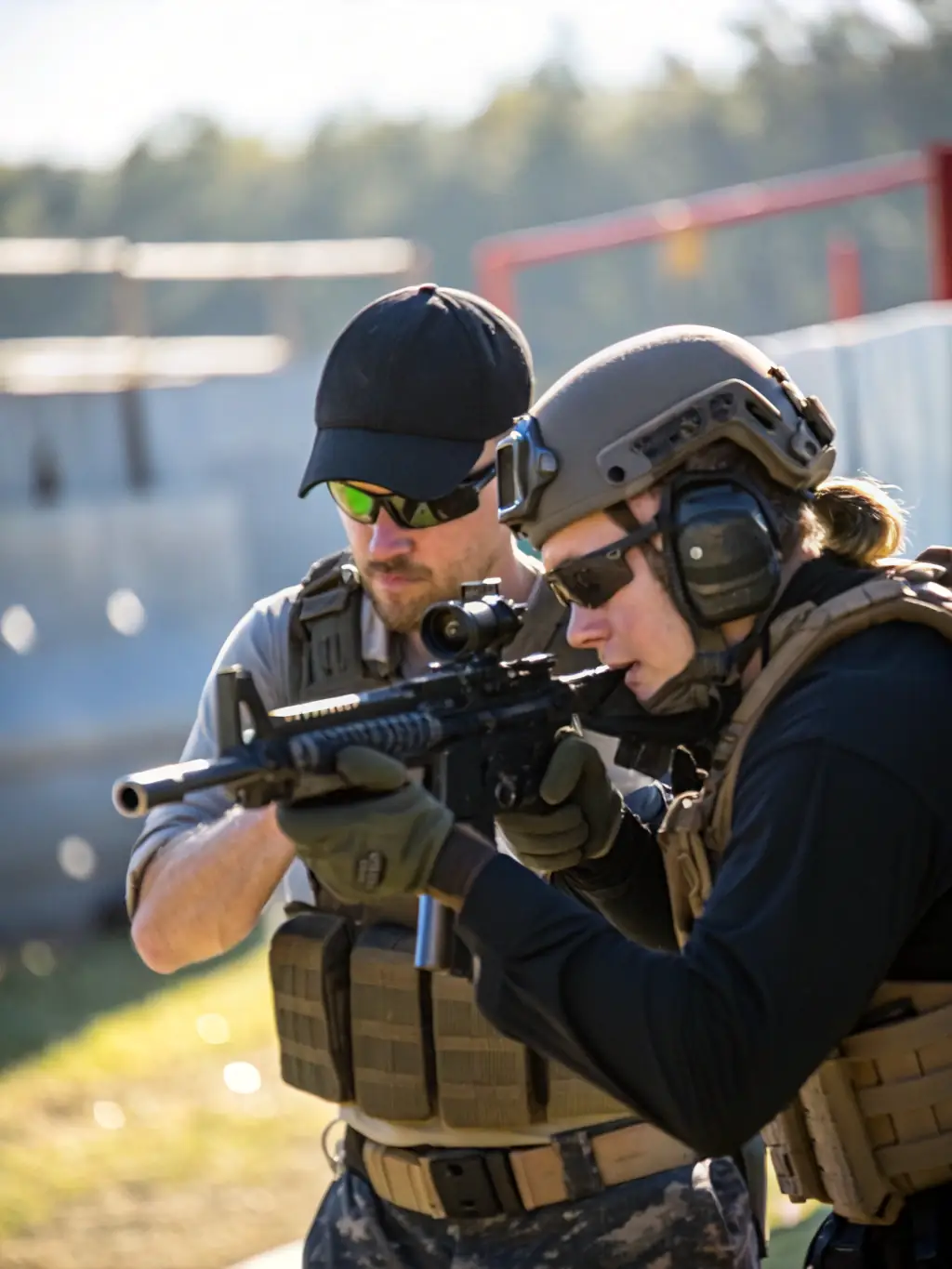 An airsoft player carefully aiming their rifle in a competitive scenario, showcasing focus and precision, with a blurred background of other players and obstacles.