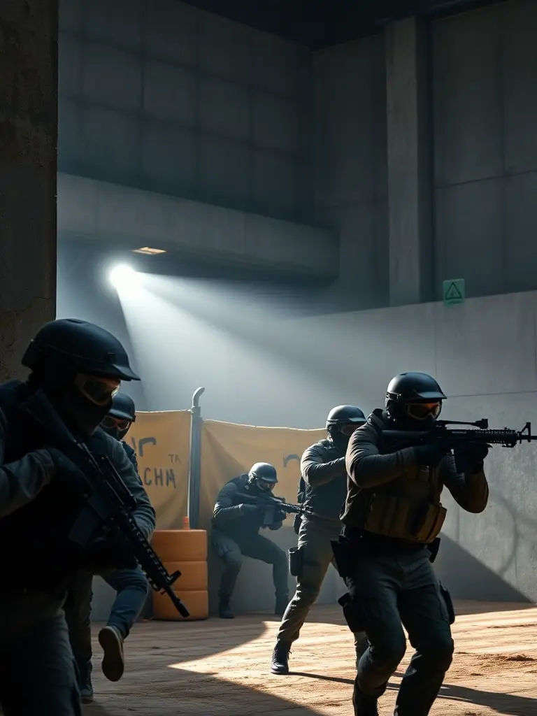 Airsoft players navigating a complex urban environment, using cover and concealment, demonstrating strategic decision-making and adaptability.