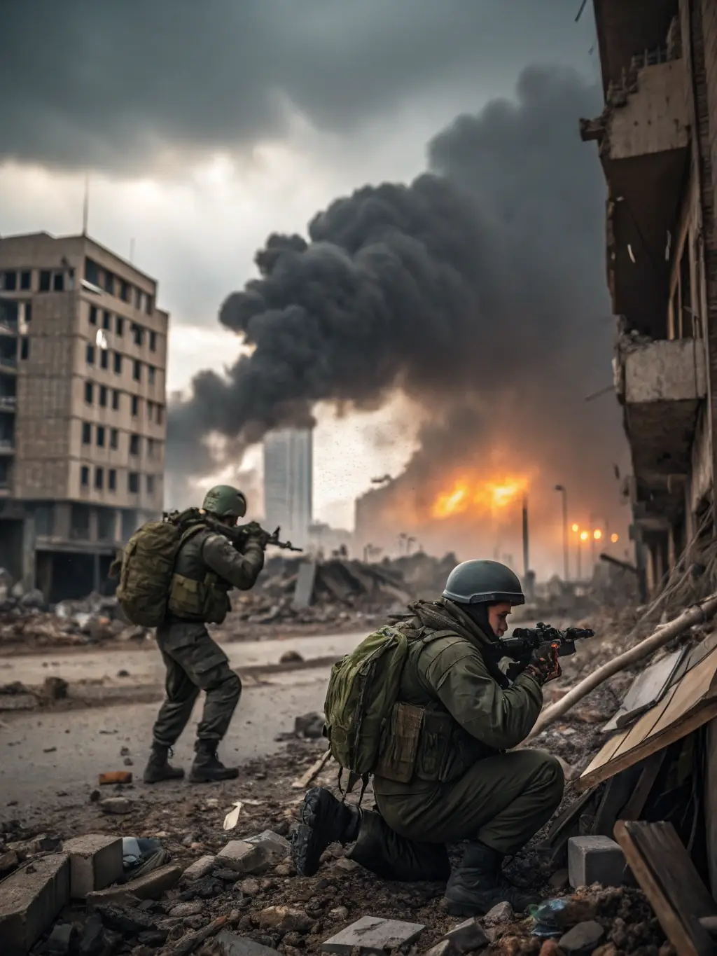 A diverse group of airsoft players engaged in a simulated combat scenario in an urban environment, demonstrating the strategic thinking and social inclusion promoted by LES SAGES D'IMLADRIS.