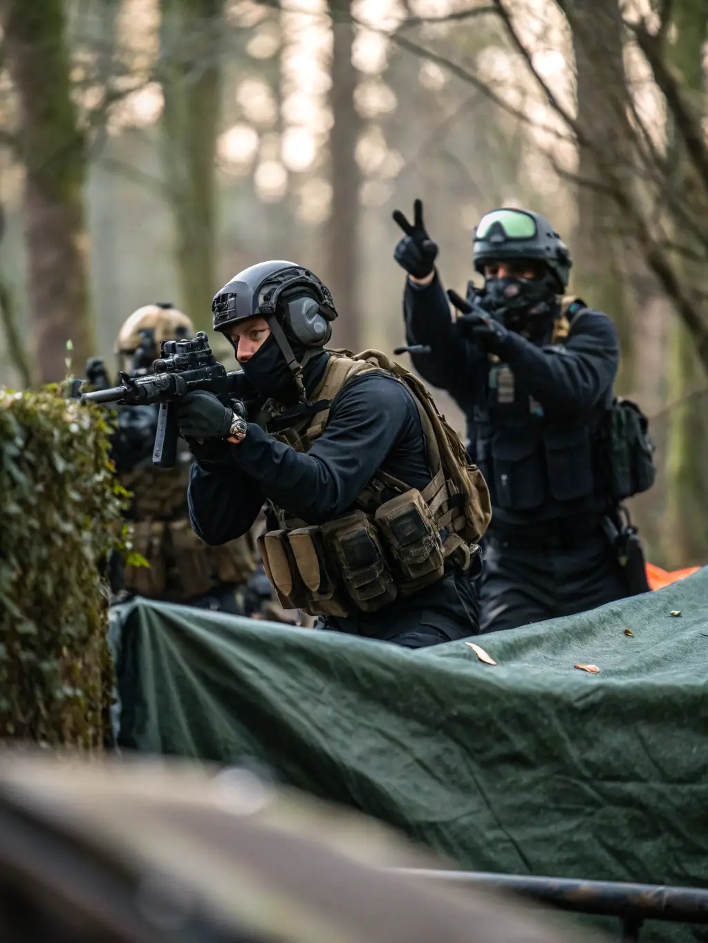 A diverse group of airsoft players engaged in a simulated combat scenario, showcasing the strategic elements of the game.