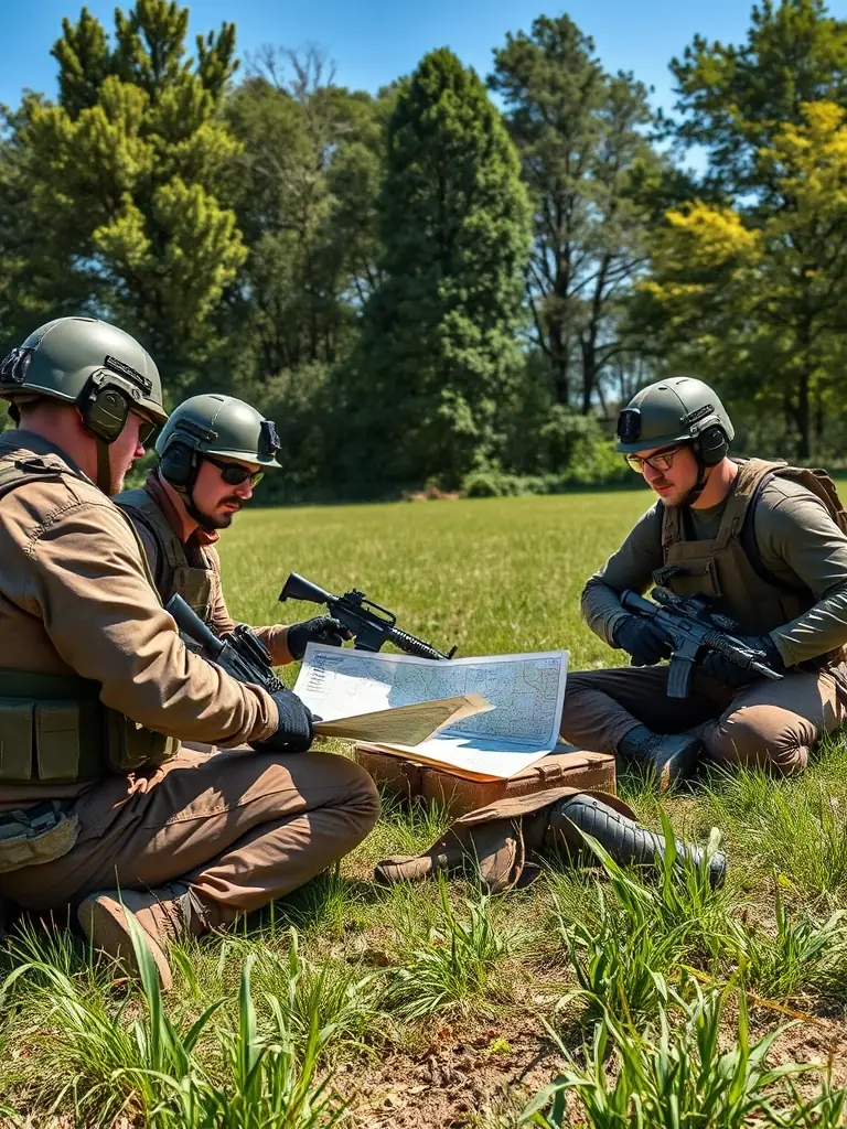 A group of airsoft players in tactical gear strategizing during a break in a wooded area, sunlight filtering through the trees, emphasizing teamwork and communication.