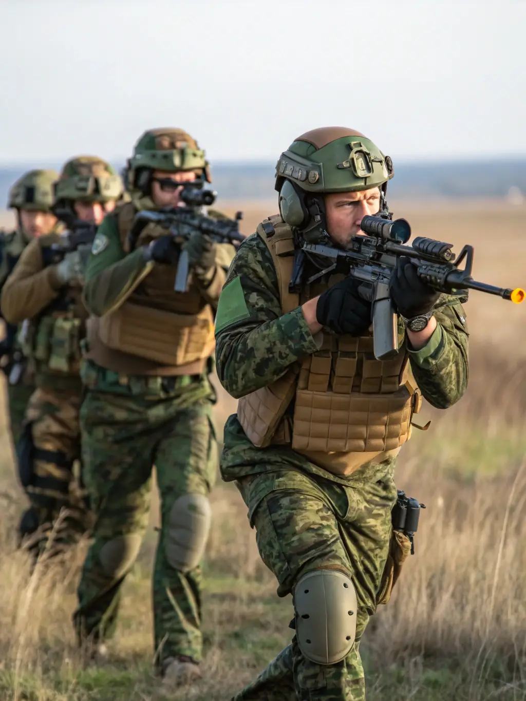 A group of young adults participating in an airsoft training session in a controlled outdoor environment, focusing on teamwork and strategic planning.