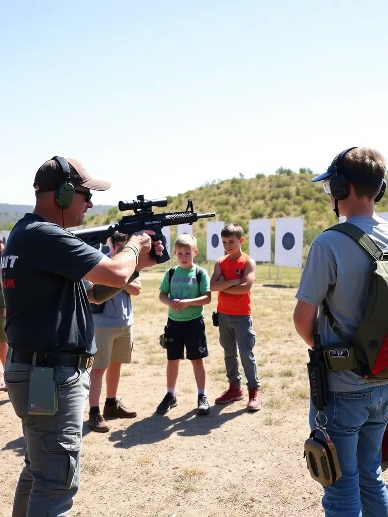 Volunteers from LES SAGES D'IMLADRIS conducting an airsoft demonstration for local youth, highlighting the organization's commitment to community engagement and education.
